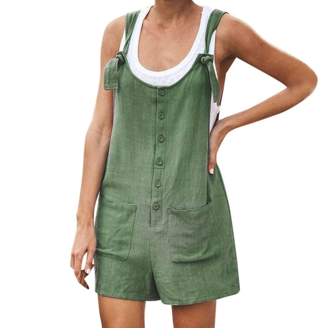 TopLLC Women's Summer Casual Rompers Sleeveless Loose Spaghetti Strap Short Jumpsuits Overalls Solid Button Bodysuit Playsuit With Pockets