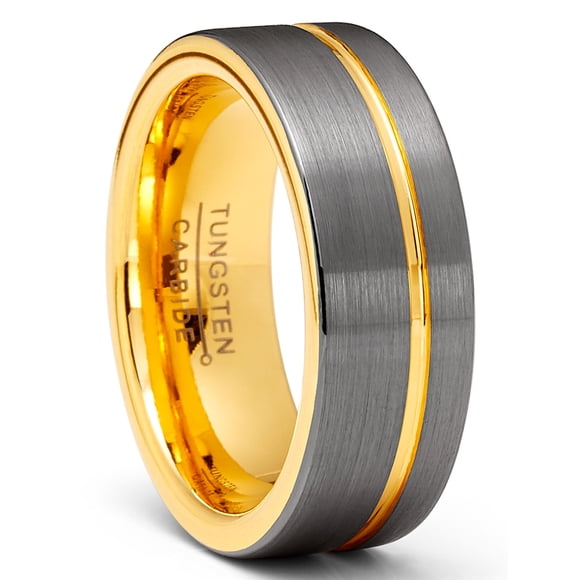 Mens Tungsten Carbide Ring Gunmetal Wedding Band Goldtone Grooved Ring 8MM Comfort-Fit