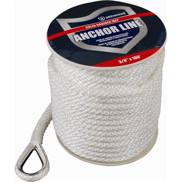 Attwood Marine Boat Anchor Rode 11724-1 Solid Braided; 100 Foot Length x 3/8 Inch Thickness; White; Multi-Filament Polypropylene; With Thimble