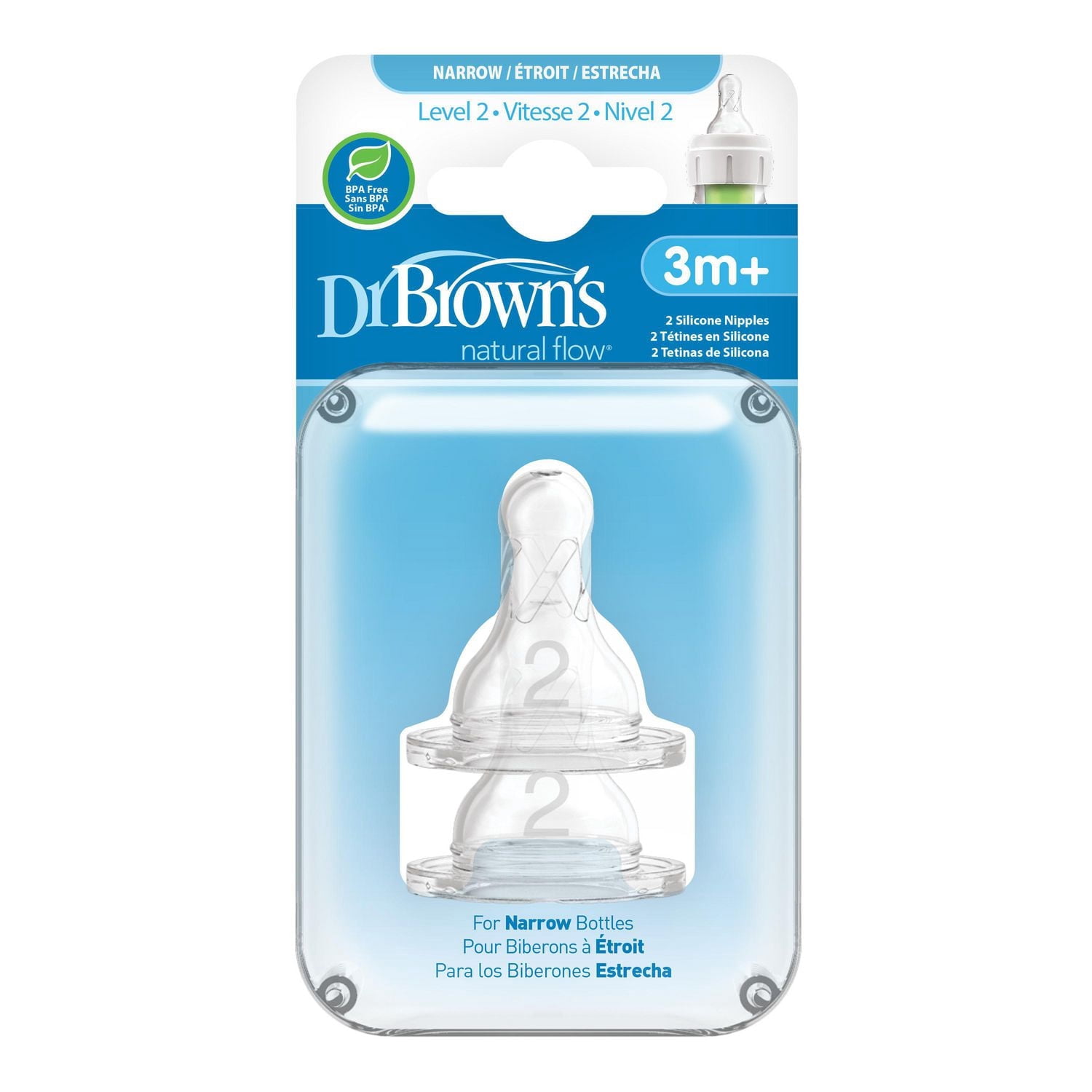 Dr. Brown's Natural Flow Anti-Colic Narrow Baby Bottle Nipple, Level 2 Medium Flow, 3m+, 100% Silicone, 2-Pack
