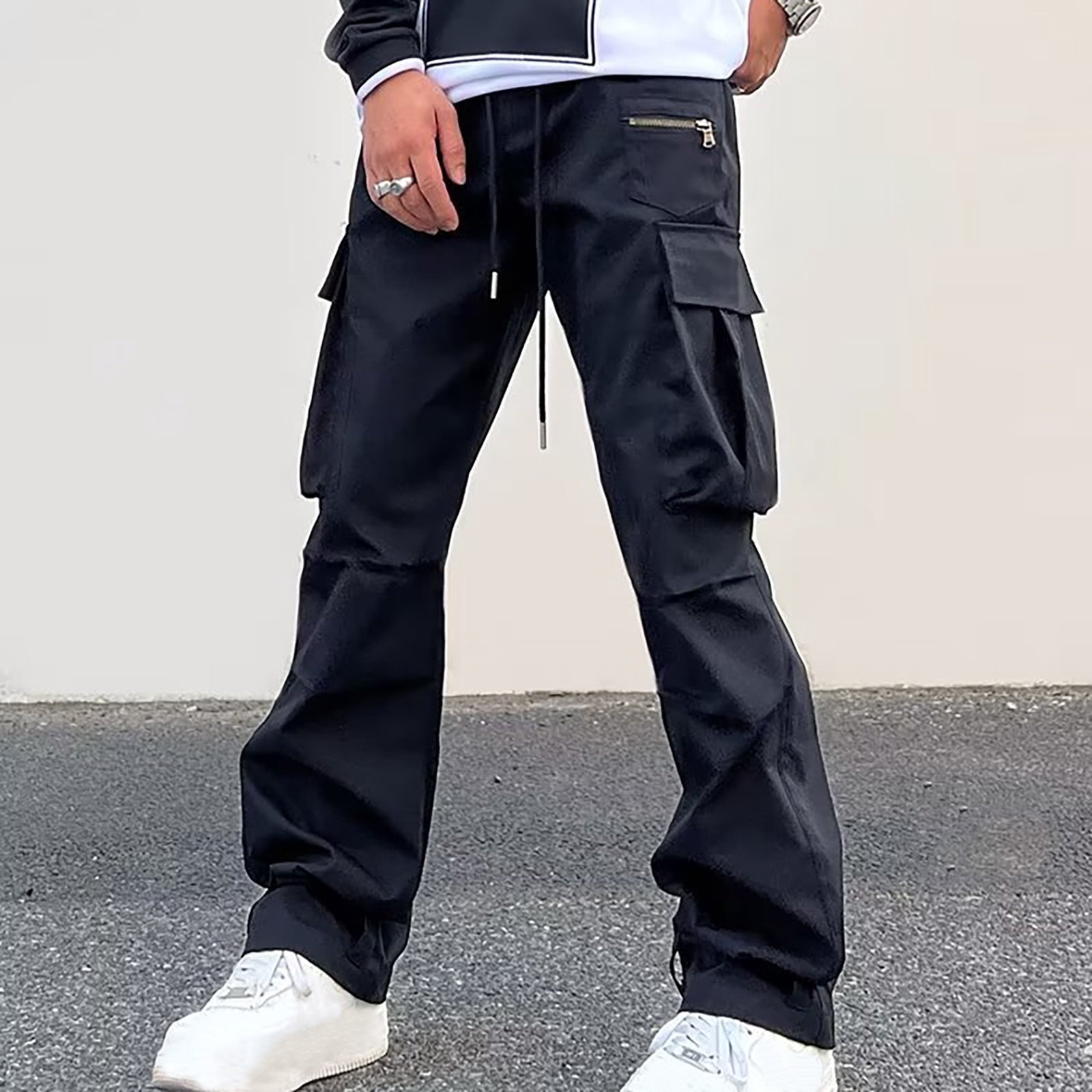 AherBiu Cargo Pants For Men Drawstring Elastic Waisted Wide Leg Pants With Zipper Multi Pockets Outdoor Casual Loose Trousers