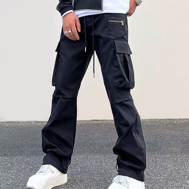 AherBiu Cargo Pants For Men Drawstring Elastic Waisted Wide Leg Pants With Zipper Multi Pockets Outdoor Casual Loose Trousers
