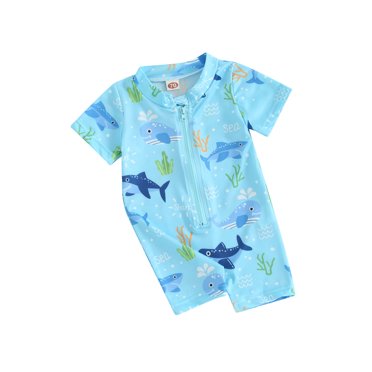 EYIIYE Toddler Baby Boy One-Piece Swimsuit 3M 6M 1T 2T 3T Infant Rash Guard Swimwear Cute Print Short Sleeve Jumpsuit Crew Neck Romper Zip Front Bathing Suit Beachwear