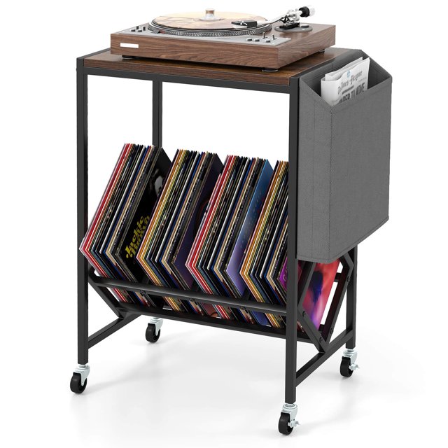 Costway Meuble pour Tourne-Disque avec Rangement pour Disques Vinyles et Pochette de Rangement Latérale, Roues Pivotantes Brun