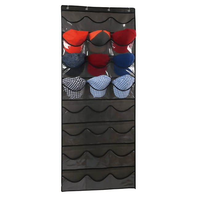 EGNMCR Closet Organizers and Storage, hat rack for baseball caps with 24 clear pockets for storage and display. Made of grey non-woven fabric, it measures 68x164cm and includes metal hooks for wall or door mounting. A versatile hanging closet organizer ideal for organizing and showcasing various hat styles.