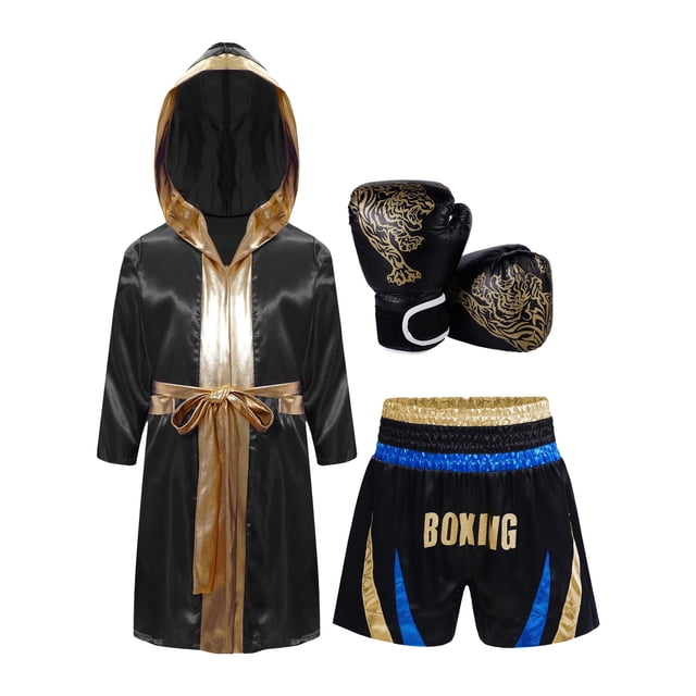 MSemis Boys 3 Piece Boxing Tracksuit Halloween Cosplay Costume Satin Robe with Shorts Punching Exercise Gloves Set Blue&Gold 10
