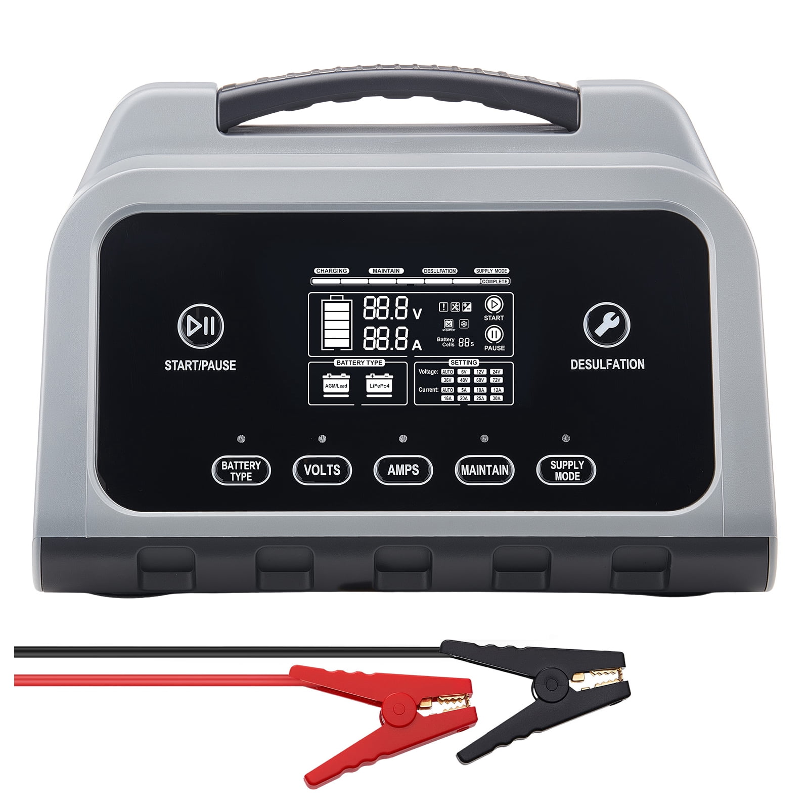 KFFKFF Smart Battery Charger, 12A, 6V 12V 24V 36V 48V Lithium LiFePO4 Lead-Acid (Gel / AGM) Car Battery Charger, with LCD Display