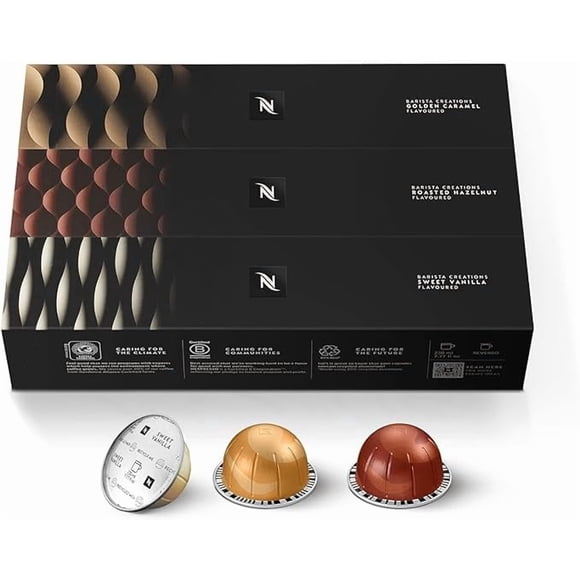 Nespresso VertuoLine Créations Barista Variété: Vanille Douce, Caramel Doré, Noisette Torréfiée - 30 Capsules de Café