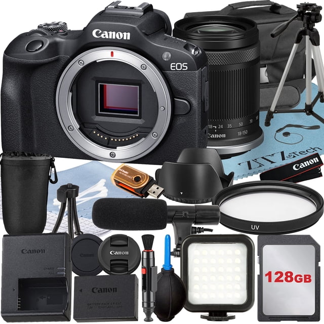 Canon EOS R100 Mirrorless Camera with RF-S 18-150mm Lens + 128GB Memory Card + Case + LED Flash + ZeeTech Accessory Bundle