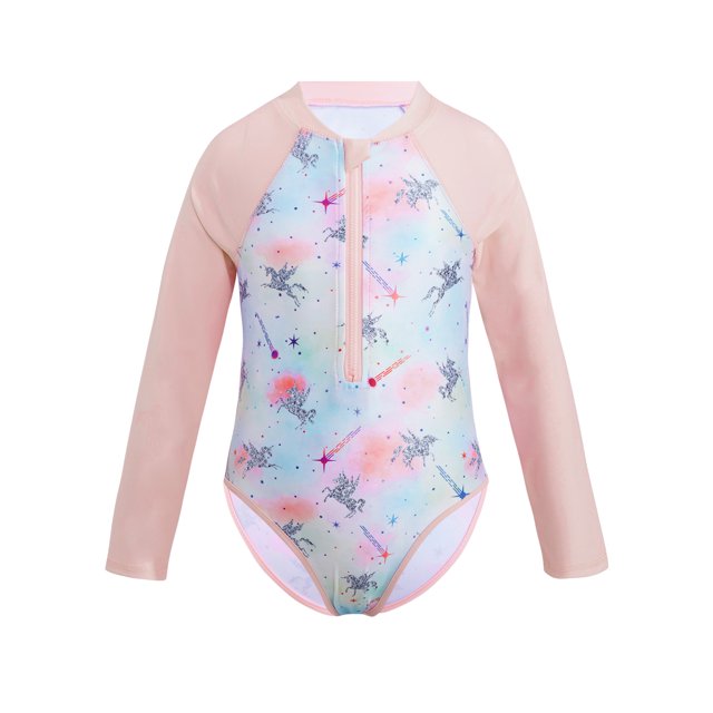 Kids Girls One Piece Long Sleeves Palm Trees Printed Swimsuit UV Protection Rash Guard Multi Horse 12