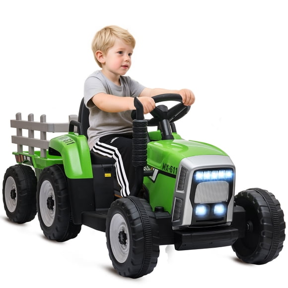 Aosom Tracteur pour Enfants 12 V avec Remorque, Son de Démarrage Musical, Vert