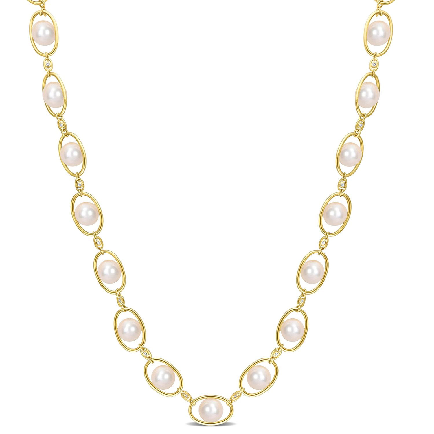 Collier à maillons ovales Miabella en argent sterling plaqué jaune 18K avec perles culture d'eau douce et zircon cubique, 22 po