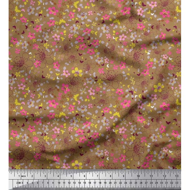 Soimoi Viscose Chiffon Fabric Leaves,Butterfly & Flower Decor Fabric Printed Yard 42 Inch Wide