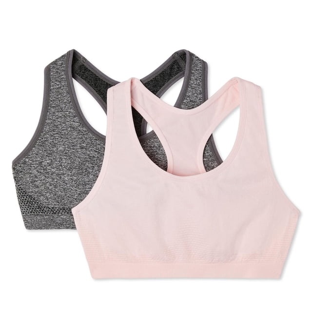 George Girls' Racerback Bras 2-Pack includes one solid light pink and one dark grey patterned bra, both with elasticized bands, crew necklines, and racerback designs for comfortable support, suitable for layering under sportswear or casual tops.