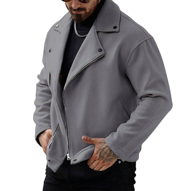 Dagegui Short Coats for Men Stylish Notch Lapel Zip Up Peacoat Solid Color Business Work Outwear Fall Clothes Gray L