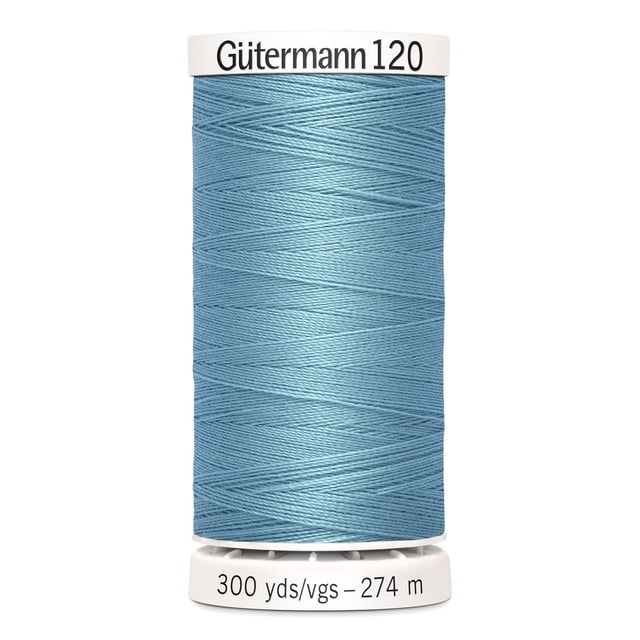 Gutermann 120 100% polyester all purpose thread spool in light blue, 300 yards (274 meters) long, suitable for machine and hand sewing on cotton, synthetics, and natural fibers, also ideal for crafts and mending projects.