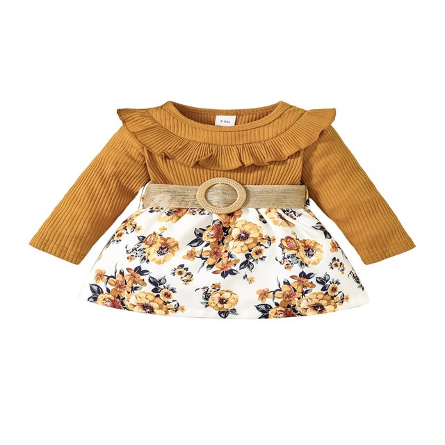 Princesse Bambin Bébé Fille Robe d'Automne Imprimé Floral à Manches Longues A-Ligne Robes avec Ceinture