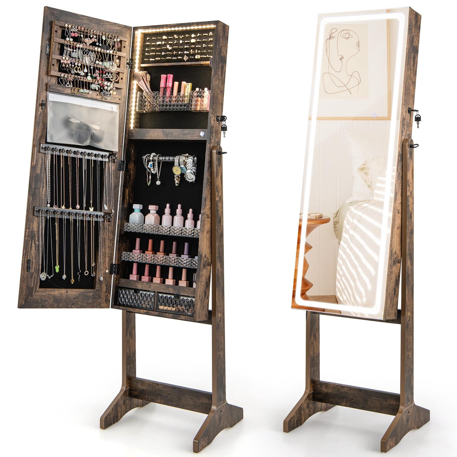 Giantex Full Length Dressing Mirror Jewelry Cabinet, Large Capacity Freestanding Lockable Jewelry Armoire, Rustic Brown