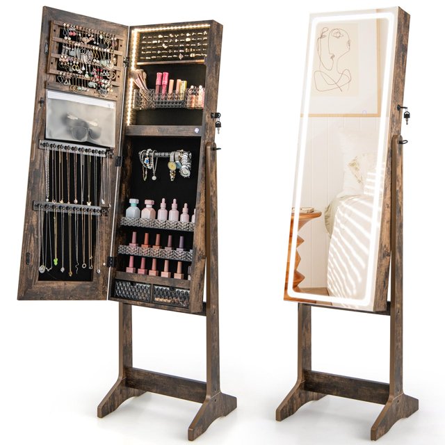 Giantex Full Length Dressing Mirror Jewelry Cabinet, Large Capacity Freestanding Lockable Jewelry Armoire, Rustic Brown