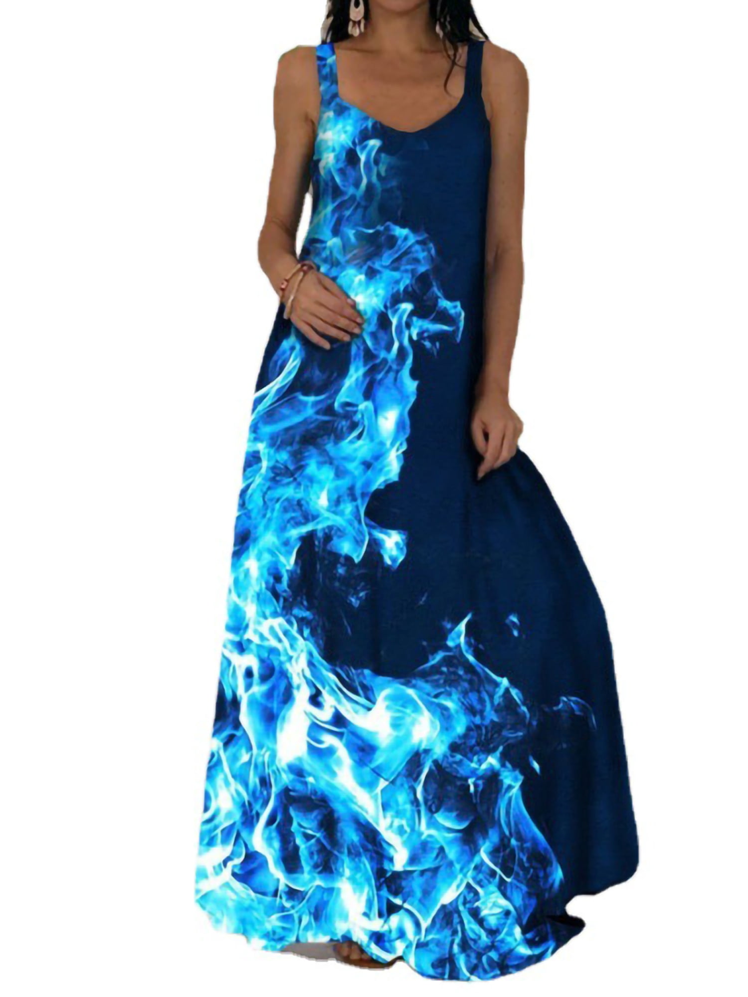 Innerwin Robe d'Été de Plage, Imprimé Floral, Robe Maxi pour Femmes, Vacances, Teinture sur Nœuds, Ligne A, Longue, Bleu Foncé, S