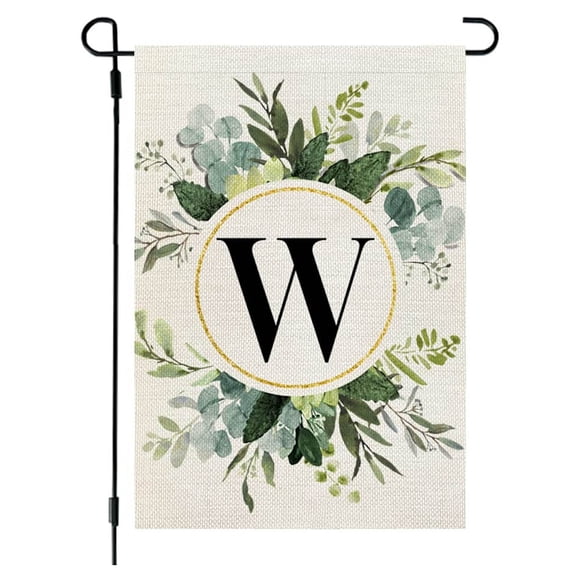 HOZADOIE Linen Flag Home Decor Ins Style, 26 Letters+Green Plant Printing, Flax Garden Flag, First Letter of Surname, Hanging Flag At The Gate of Courtyard