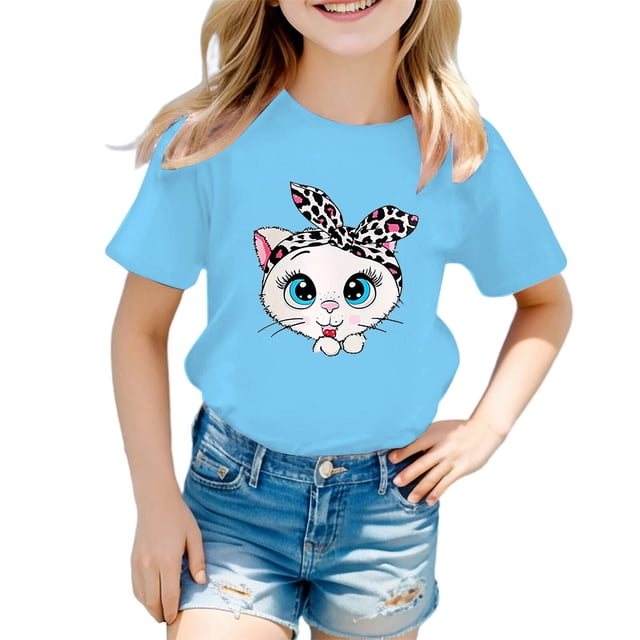 PMVFHDE T-Shirts d'Été Décontractés pour Filles, T-Shirt Mignon à Motif pour Fille, Col Rond, Manches Courtes, T-Shirt d'Été Décontracté Bleu, 11-12 Ans