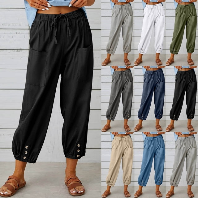 QATAINLAV Mes Commandes Passées par Moi, Pantalon Capri Taille Haute à Cordon pour Femme en Coton et Lin, Pantalon Décontracté d'Été pour la Plage, Pantalon Court à Boutons et Bas Resserré avec Poches Gris Foncé TTG