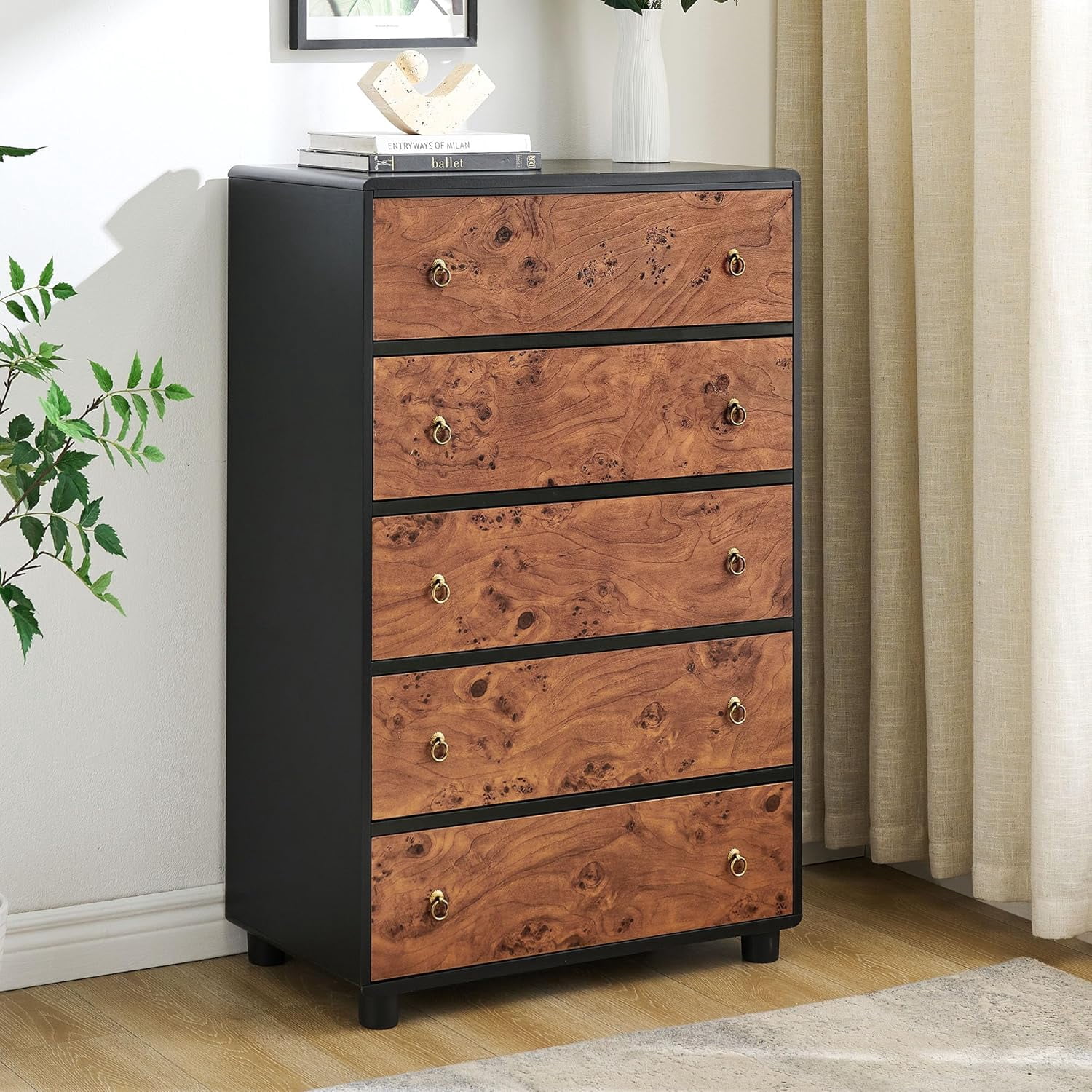 5 Drawers Dresser, 46 in Tall Modern Chest of Drawers with Natural Texture, Curved Profile Design, Dresser TV Stand, Wood Drawer Organizer for Bedroom, Living Room, Hallway, Natural Oak