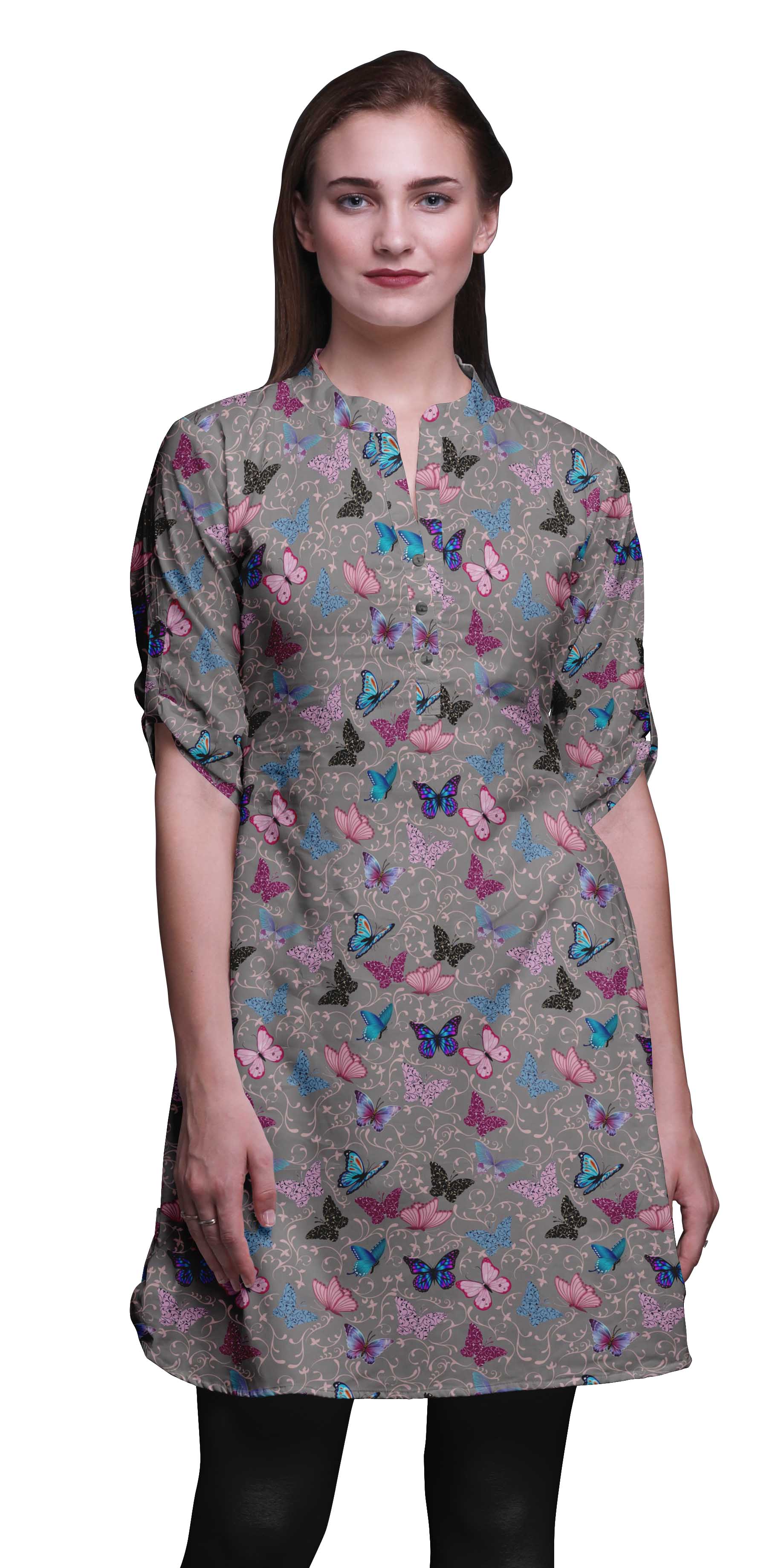Bimba Short Kurtis For Ladies Printed Mandarin Collar Roll Up Sleeve Dress