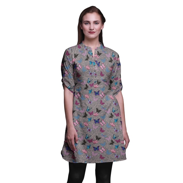 Bimba Kurtis Indiennes Courtes pour Femmes Tunique Imprimée Chemise à Manches Roulées