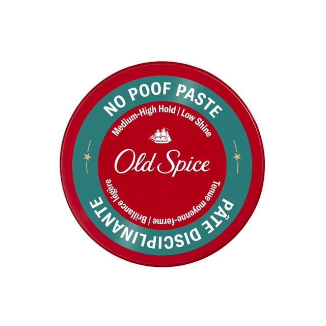 Old Spice Pâte Coiffante pour Hommes dans un Contenant Rond Rouge avec un Anneau Sarcelle sur le Couvercle Comprenant un Texte Blanc Incluant « No Poof Pâte », « Maintien Moyen-Élevé » et « Faible Brillance » Autour du logo Old Spice et de l'Icône de Navire. Ce Produit de Soins pour Hommes Offre une Maintien Moyen-Élevé de Qualité Barbier et une Finition Naturelle à Faible Brillance.