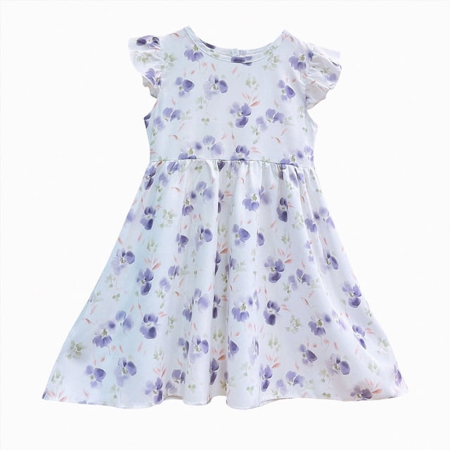 Zanarzt Robes de Demoiselle d'Honneur pour Fille Robe d'Été pour Filles avec Manches Fluides Robe à Motif Floral Robe à Imprimé Mignon Robes d'Été, Violet Pâle, 2-3 Ans