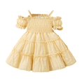 thumbnail image 3 of YDFCWXW Girls Cold Shoulder Shirred White Off Shoulder Ruffle Sleeve Summer A-Line Princess Sundress (Yellow, 3-4 Years), 3 of 7