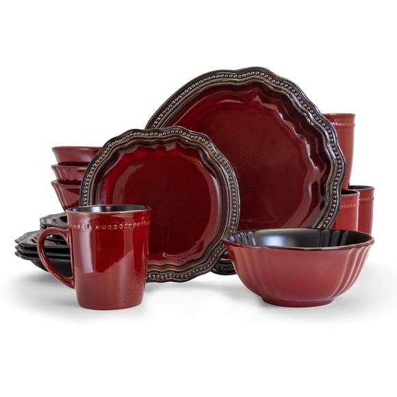 Elama Round Oval Stoneware Fine Dining Dinnerware Dish Set, 16 Piece, Dark Red with Bronze Accents