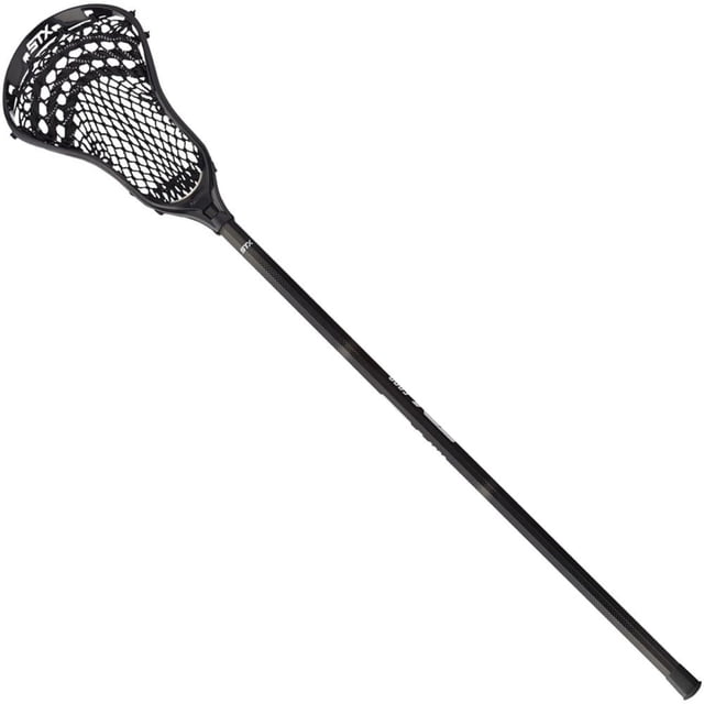 STX Stallion 200 Complete Lacrosse Stick in black with soft mesh stringing and a lightweight 6000 series alloy shaft, designed for entry-level players to develop proper fundamentals, featuring a head inspired by the elite Stallion 500 for easier passing and shooting.