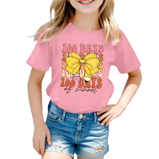 LUOGENLI T-Shirt pour Filles Enfants Mode Décontractée Imprimé Col Rond Ample Manche Courte T-Shirt Haut Chemises pour Filles Longueur Midi 10-11 Ans