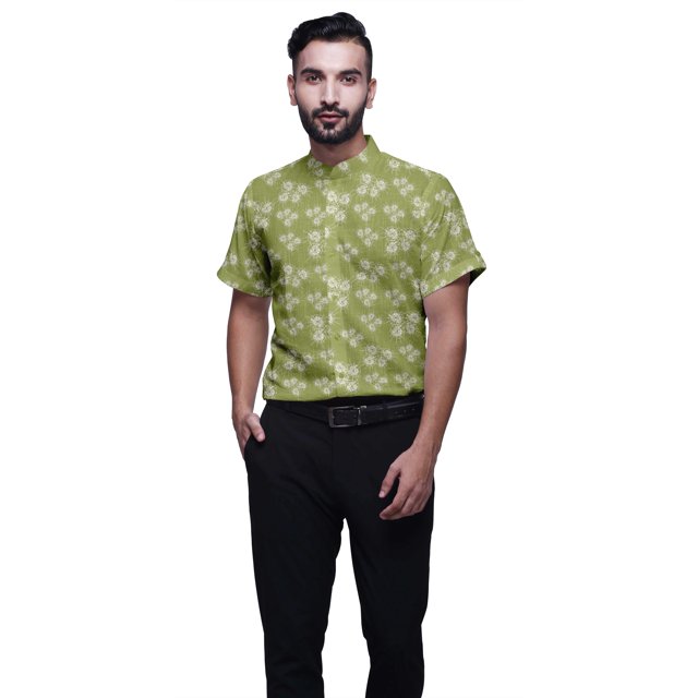 BESTMAN Chemise en Coton pour Hommes à Manches Courtes Imprimée Col Mandarin Chemise Décontractée