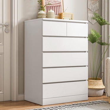 Dresser, White Dresser, Bedroom Dresser & Chests of Drawers, Tall Dresser with 6 Wood Drawers, Large Wood Dresser for Bedroom Closet, White