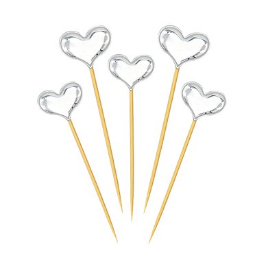 5 Pcs Décoration de Gâteau Cupcake Mariage Anniversaire Dessus de Gâteau Décoration de Cupcake Topper Décoration de Cupcake Drapeau avec Bâton en Bois, Cœur, Argent