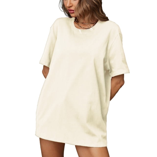 Plebaso T-Shirts en Coton pour Femmes à Manches Courtes, Col Rond, T-Shirts Basiques, Hauts Décontractés, Couleur Unie, Coupe Ample