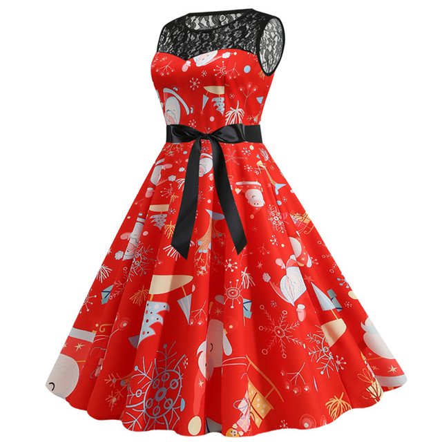 Fridja Mode Femmes Dentelle une Ligne Flare Robe Vintage Bal Bal Balançoire Impression Sans Manches Noël Robe de Soirée de Noël