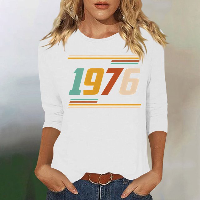 Uootdi Hauts pour Femmes Manches 3/4 Col Ras du Cou Imprimé Palmier Coucher de Soleil 1976 Coupe Décontractée T-Shirts Rétro Plage Vacances Cadeau