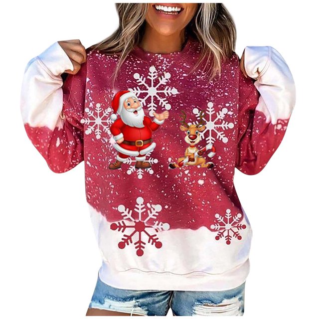 Fridja Mode Femme Col Rond Noël Manches Longues Hauts Blouse Pull Chandail en Molleton