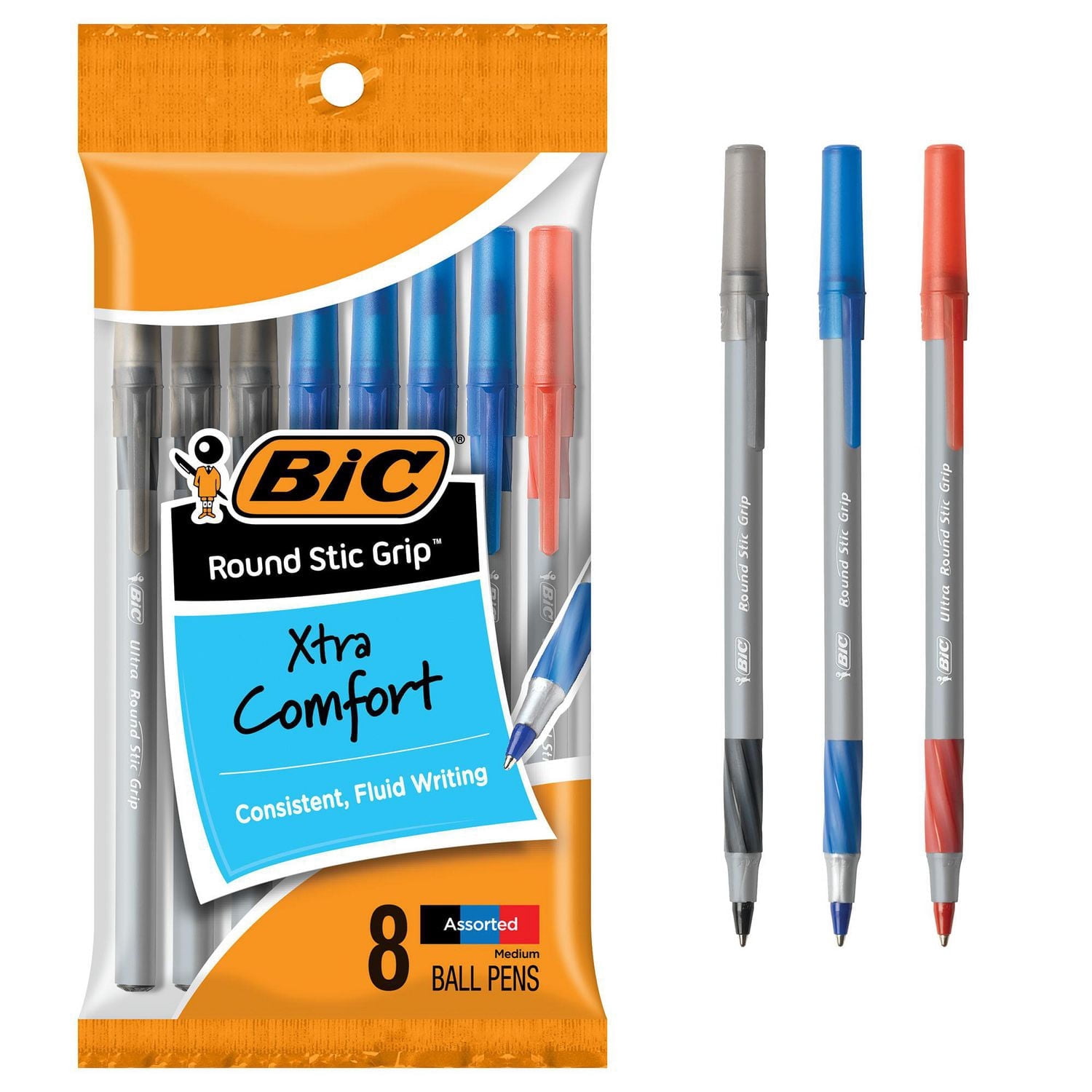 BIC Round Stic Grip Extra Comfort Assorted Colours Ballpoint Pens, Medium Point (1.2mm), 8-Count Pack, Perfect Writing Pens With Soft Grip for Superb Comfort and Control