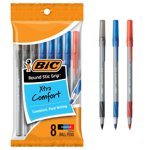 BIC Poignée ronde Stic Extra Comfort Couleurs assorties Stylos à bille, point moyen (1.2mm), 8-Count Pack, Stylos d'écriture parfaits avec poignée souple pour un confort et un contrôle excellents