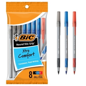 BIC Poignée ronde Stic Extra Comfort Couleurs assorties Stylos à bille, point moyen (1.2mm), 8-Count Pack, Stylos d'écriture parfaits avec poignée souple pour un confort et un contrôle excellents