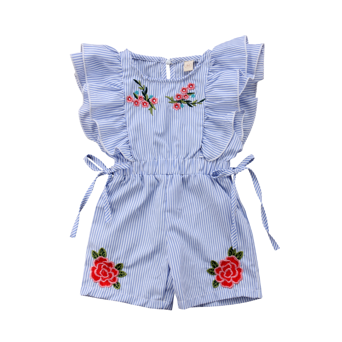Combinaison Courte d'Été pour Bébé Fille à Manches Pétales, Taille Élastique, Imprimé Floral, Rayée