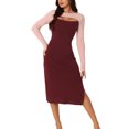 thumbnail image 1 of INSPIRE CHIC Robe Midi en Tricot pour Femme 2023 Automne Hiver à Manches Longues, Découpes, Col Rond, Blocs de Couleur, Ourlet Fendu, Rose-Rouge Vin TG, 1 of 5