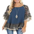 thumbnail image 1 of Women 3/4 Sleeve Solid Floral Hem Leopard Print Blouse Loose Top, 1 of 6