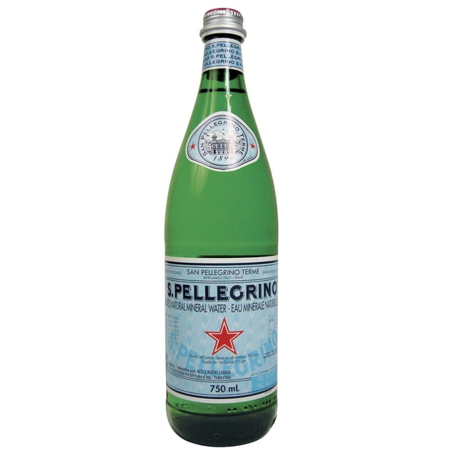 SAN PELLEGRINO Sparkling Carbonated Water 750 mL glass bottle with green tinted glass and blue label featuring a red star, mineral content, and Italian origin, sealed with a silver metal cap, suitable for sharing during meals and fine dining occasions.